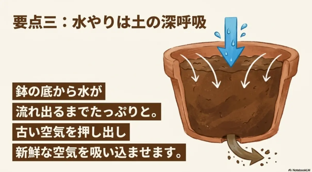 鉢底から水が流れるまであげる水やりが土の空気の入れ替えになる図解