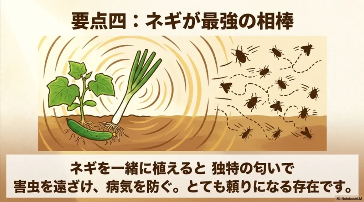 地這いキュウリとネギを一緒に植えることで害虫を遠ざけ病気を防ぐ効果を示す図