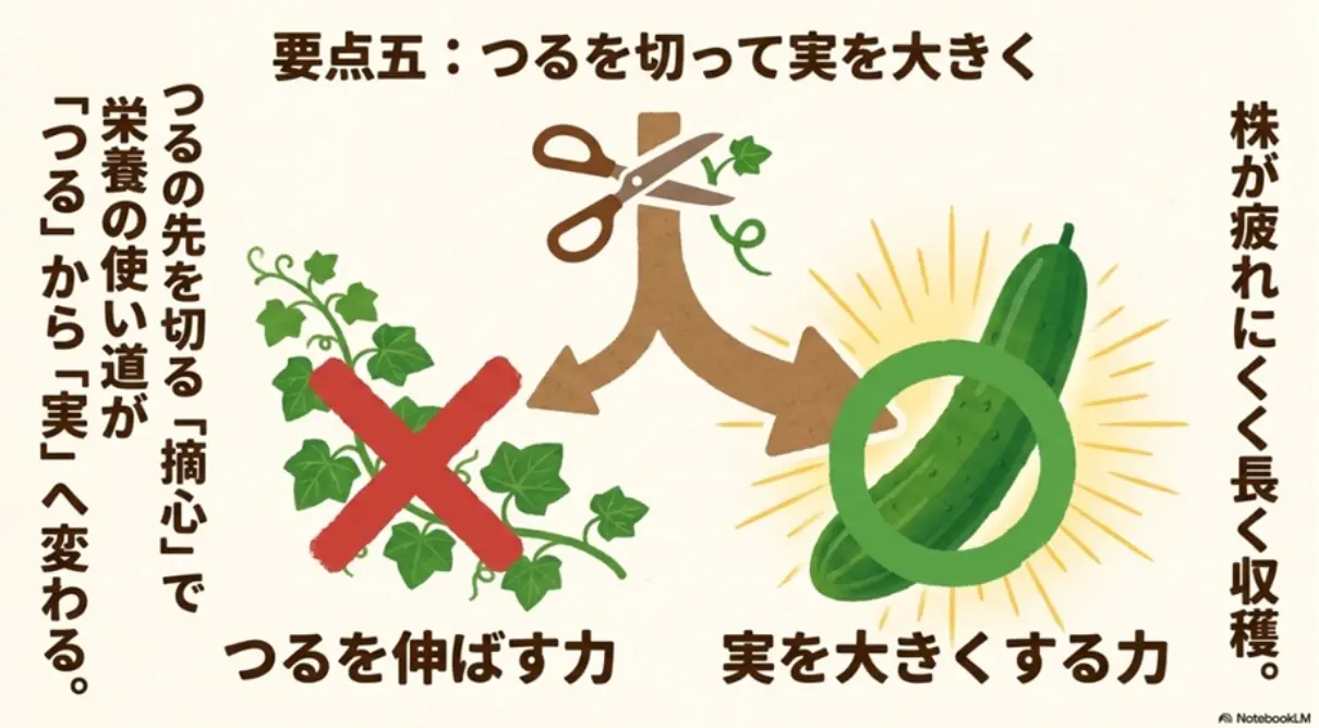 摘心によって栄養の使い道をつるから実へ変える仕組みを示す図