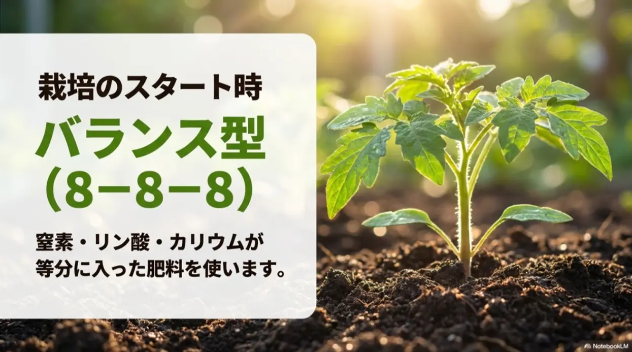 ミニトマト栽培のスタート時は窒素・リン酸・カリウムが等分のバランス型肥料（8-8-8）を使用