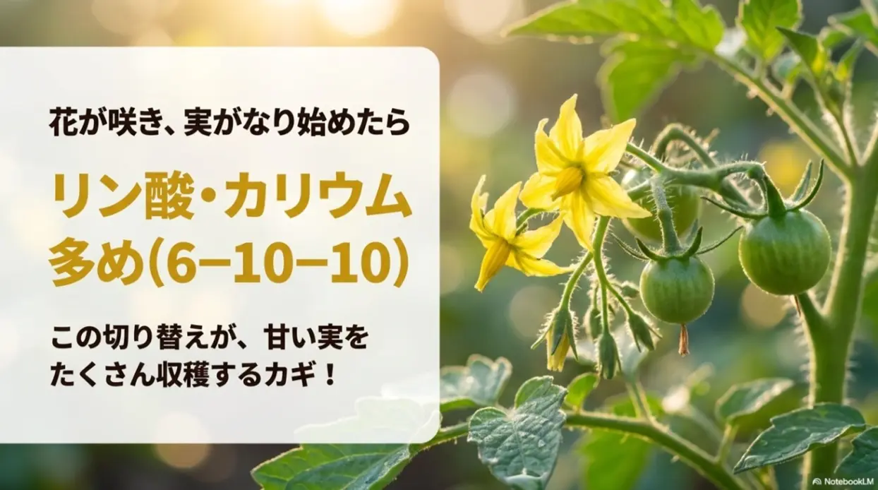 ミニトマトの花が咲き実がなり始めたらリン酸・カリウム多めの肥料（6-10-10）に切り替える