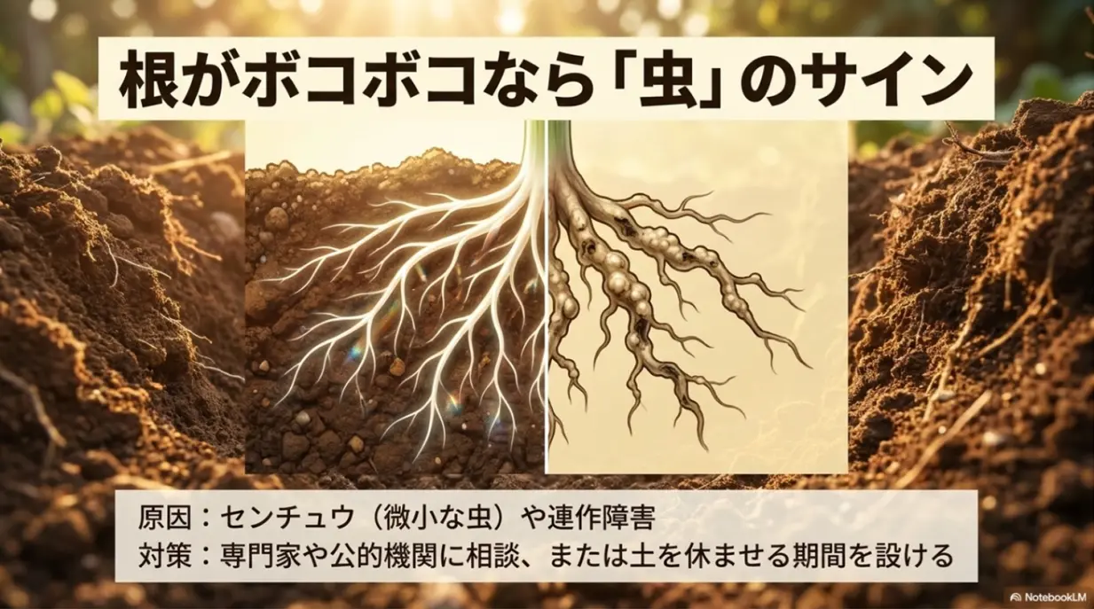 オクラの根がボコボコならセンチュウや連作障害のサインであり、専門家に相談することを促すスライド。