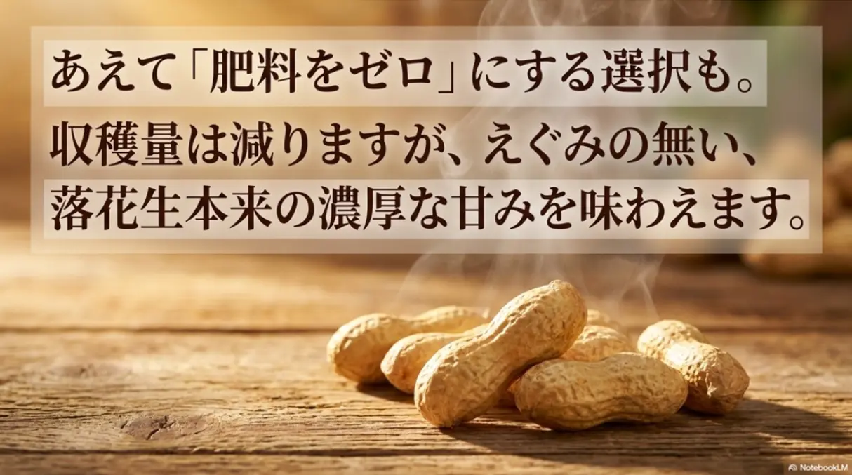 落花生の無肥料栽培の利点を示すスライド