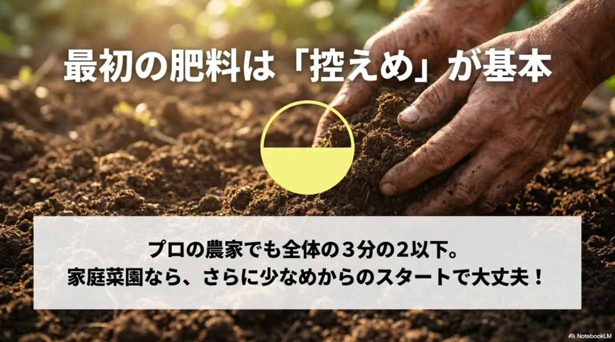 オクラの元肥は控えめが基本であることを説明するスライド。プロ農家でも全体の3分の2以下に抑えることを推奨している。