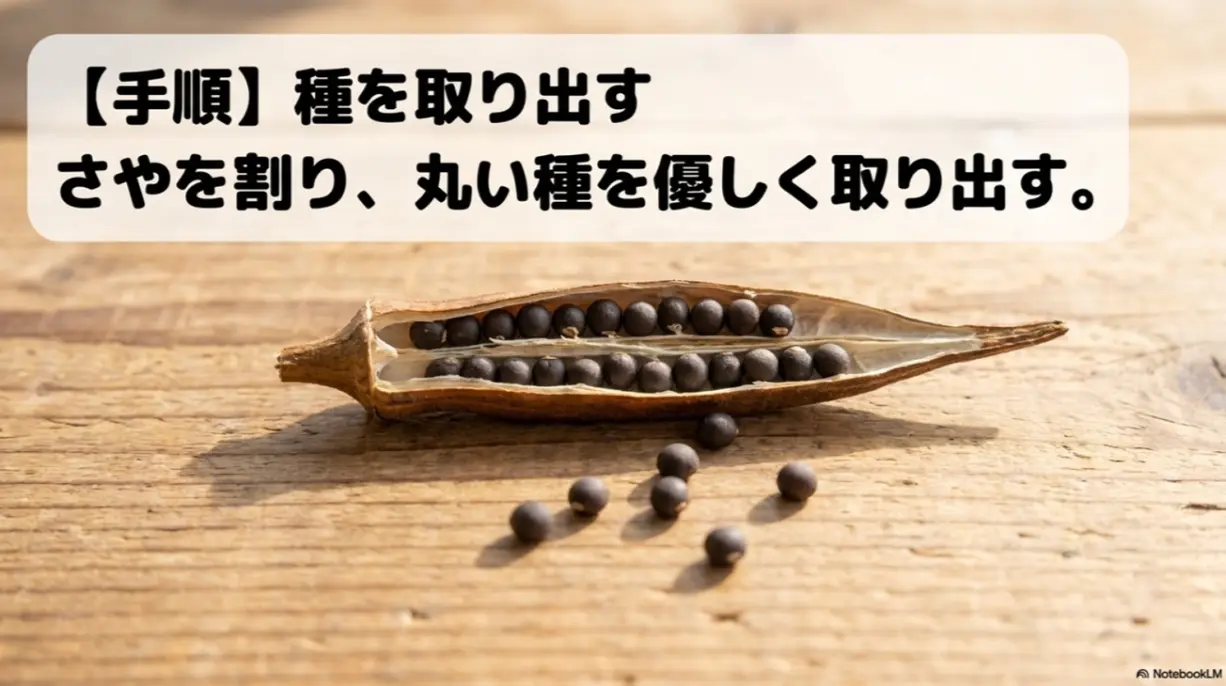 乾燥したオクラのさやを割り、丸い種を優しく取り出す手順