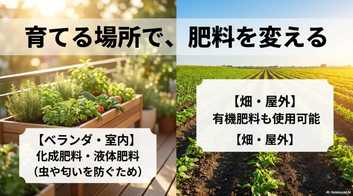 育てる場所に合わせて肥料を変えるポイントの解説。ベランダは化成・液体肥料、畑は有機肥料も可能。