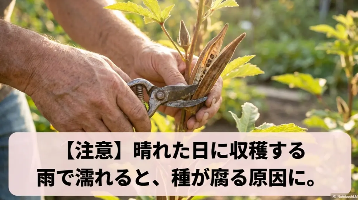 オクラの種は雨で濡れると腐るため晴れた日に収穫する
