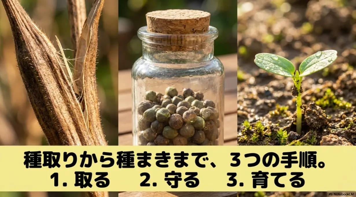 オクラの種取りから種まきまでの3つの手順（取る・守る・育てる）