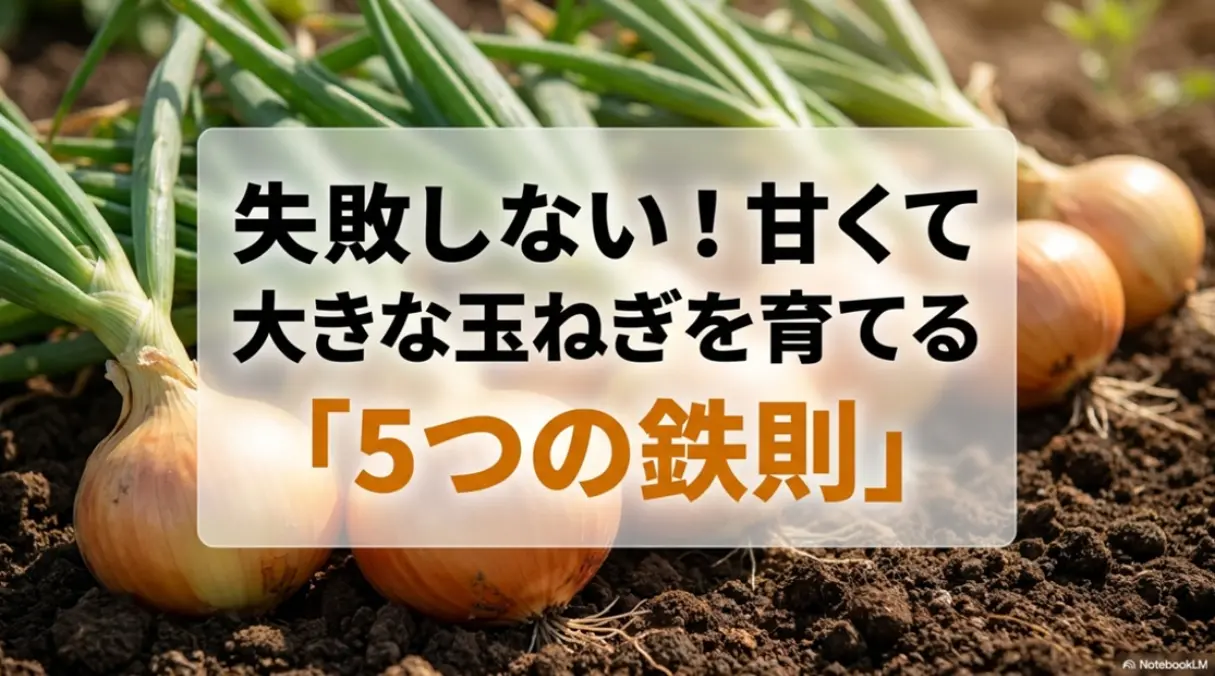 失敗しない！甘くて大きな玉ねぎを育てる「5つの鉄則」と書かれた表紙スライド