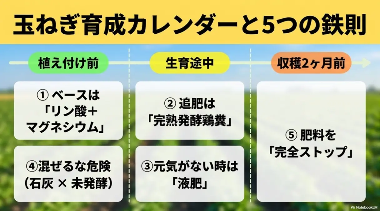 玉ねぎ育成カレンダーと5つの鉄則のまとめ。植え付け前のベース作り、生育途中の鶏糞追肥や液肥、混ぜるな危険の注意点、収穫2ヶ月前の肥料完全ストップを図解したスライド