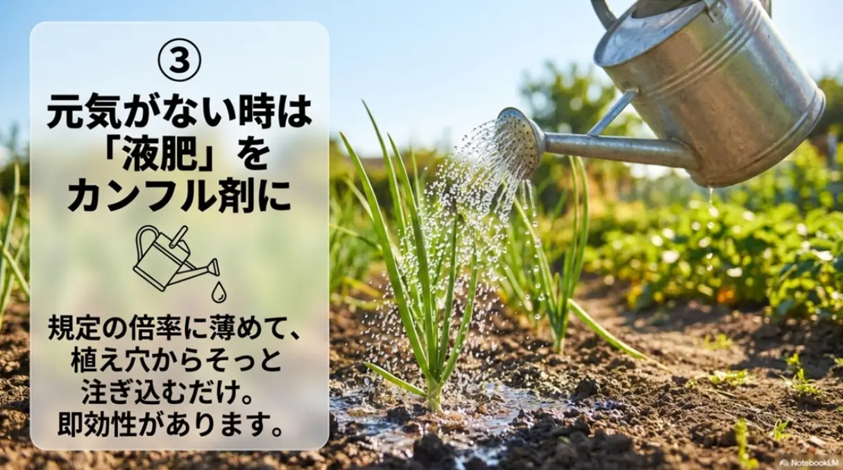 鉄則3。元気がない時は「液肥」をカンフル剤に。規定の倍率に薄めて植え穴からそっと注ぎ込むだけで即効性があることを示すスライド