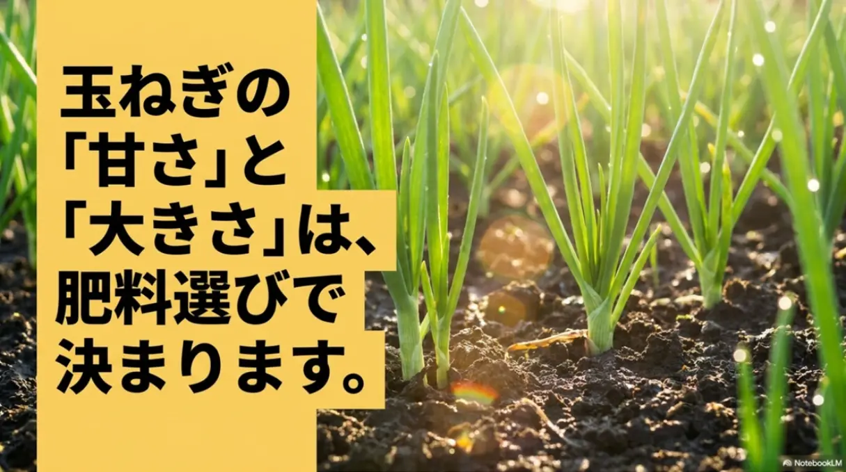 玉ねぎの「甘さ」と「大きさ」は、肥料選びで決まります。と書かれたスライド