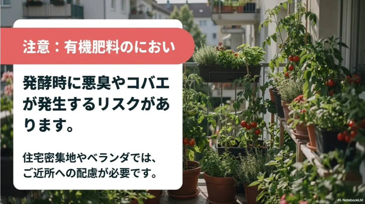 有機肥料は発酵時に悪臭やコバエが発生するリスクがあるため住宅密集地やベランダでは注意が必要