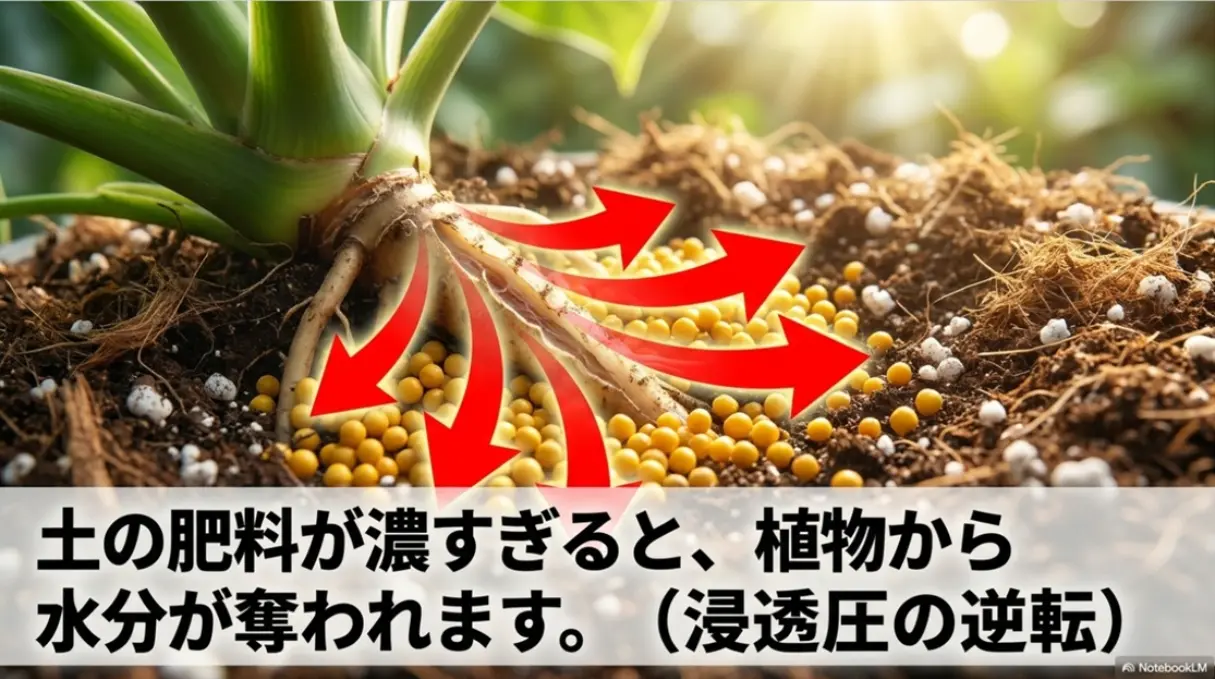 土の肥料が濃すぎると植物から水分が奪われる浸透圧の逆転現象