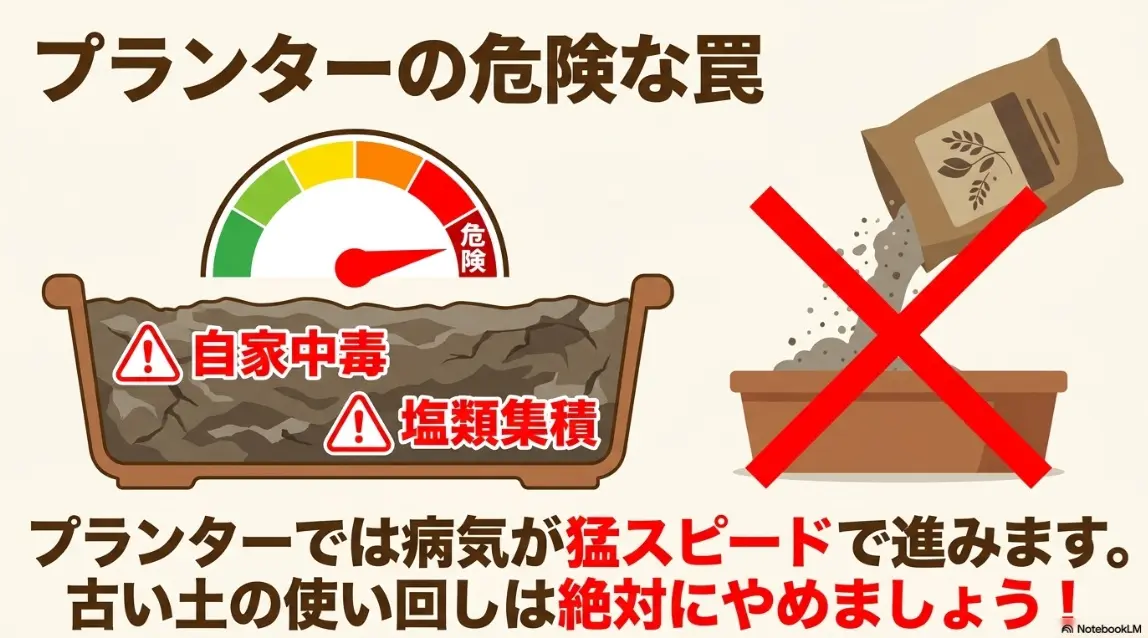 プランター栽培の危険な罠。自家中毒と塩類集積を防ぐため古い土の使い回しはNG