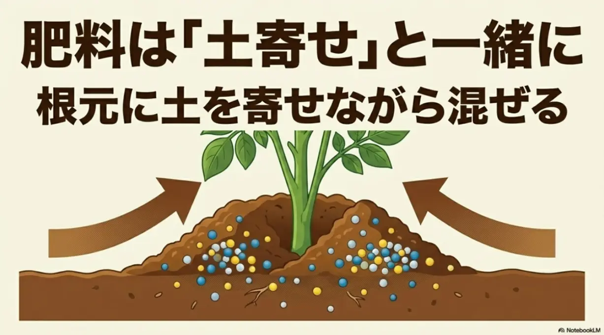 追肥の際に株元へ土を寄せながら肥料を混ぜ込む「中耕・土寄せ」の重要性
