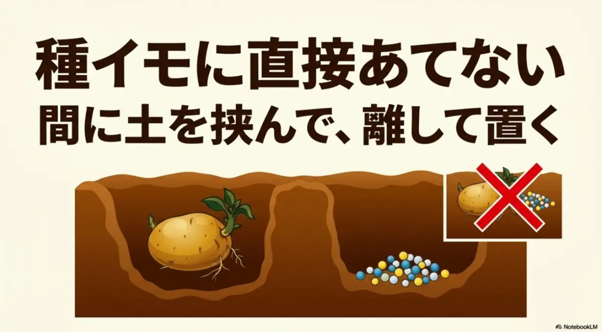 種イモと肥料の間に土を挟んで離して置く「溝肥」のポイント解説