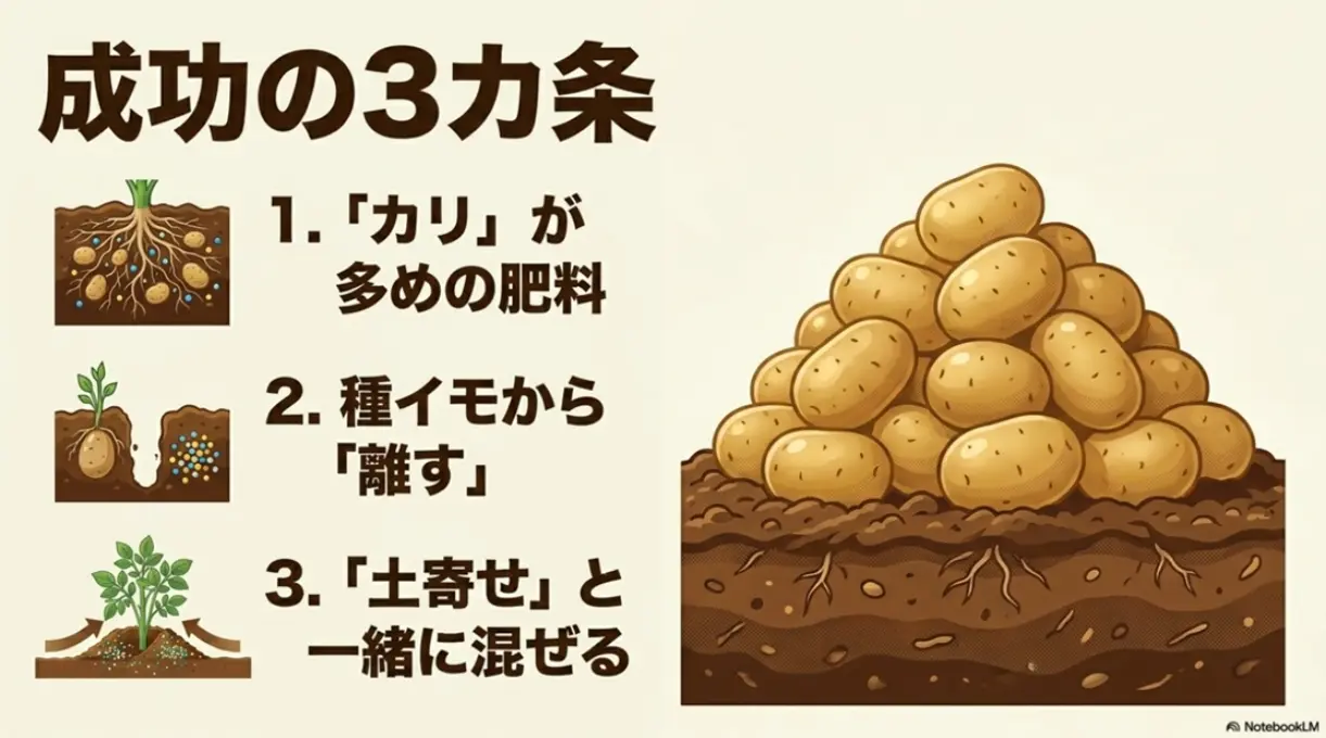 カリ多め・種イモから離す・土寄せと一緒に混ぜるの3つのポイントまとめ