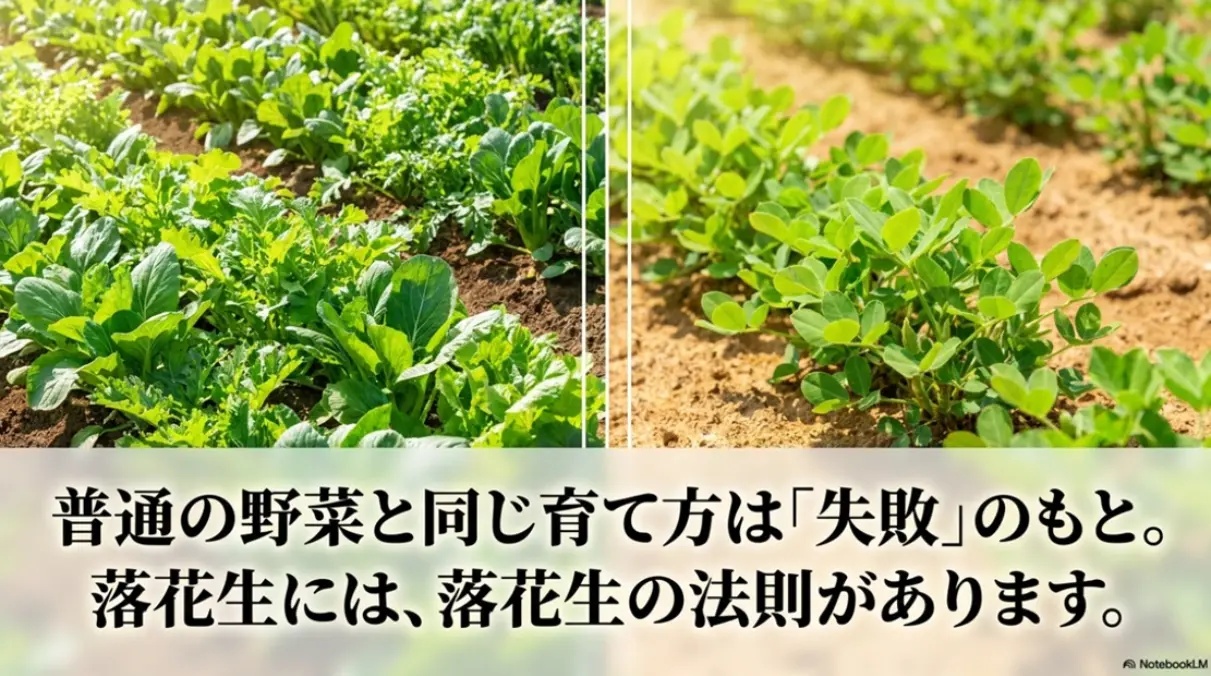 一般的な野菜と落花生の栽培方法の違いを比較したスライド
