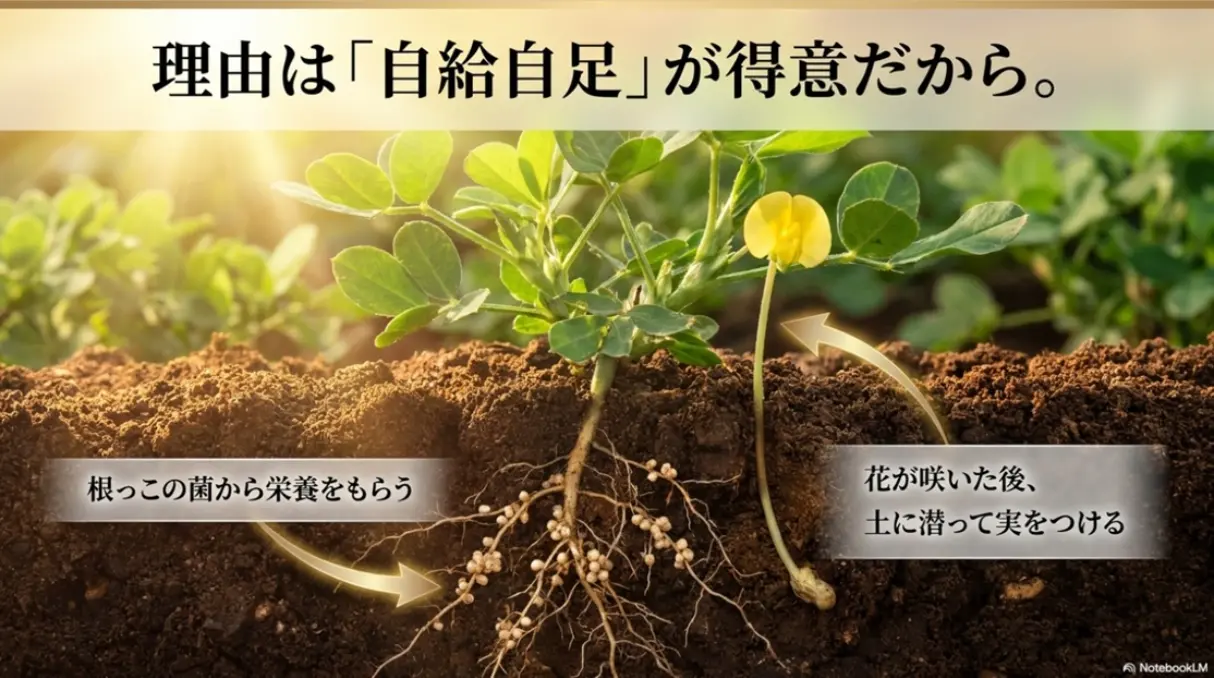 落花生の根粒菌共生と地中結実の仕組みを示すスライド