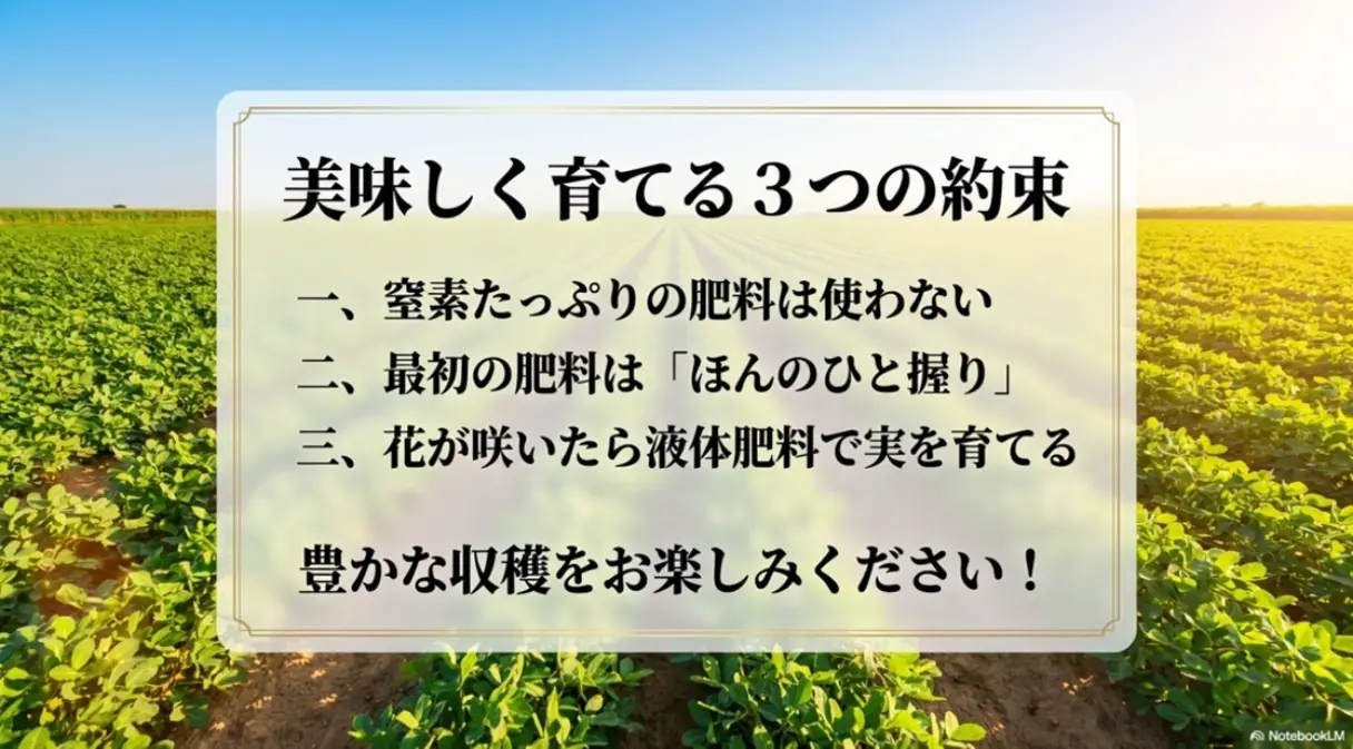 落花生を美味しく育てるための3つの約束をまとめたスライド