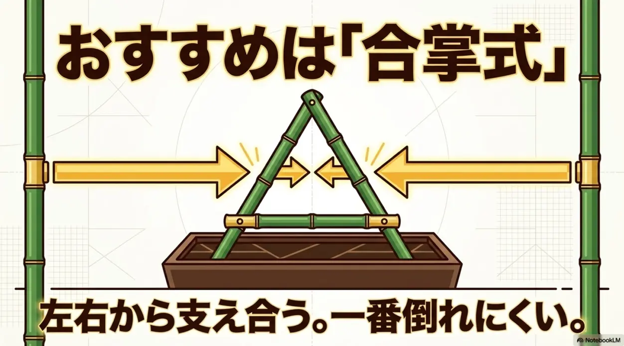 おすすめは合掌式。左右から支え合うため一番倒れにくい構造