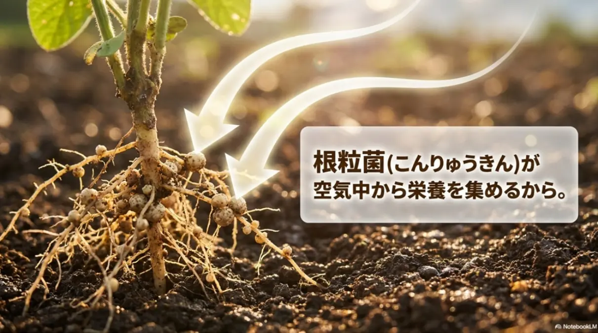根粒菌が空気中から栄養を集める仕組みを解説するスライド