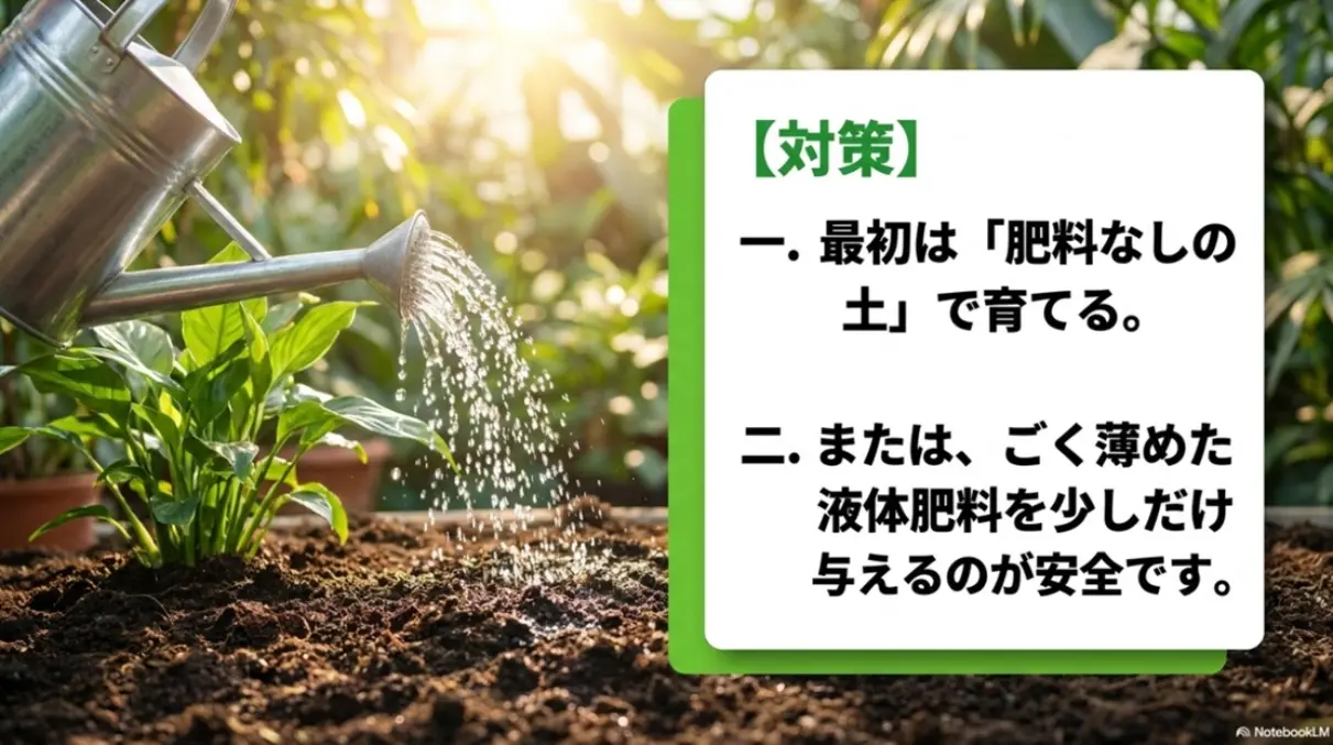 小さな植物の対策として、最初は肥料なしの土で育てるかごく薄めた液体肥料を少しだけ与える