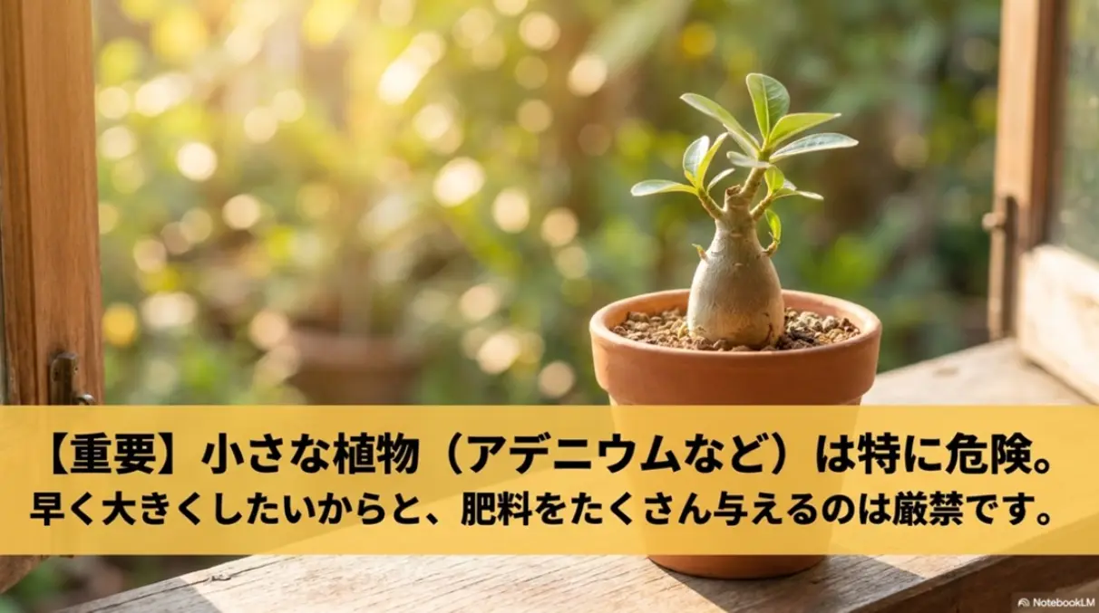アデニウムなどの小さな植物は早く大きくしたいからと肥料をたくさん与えるのは厳禁