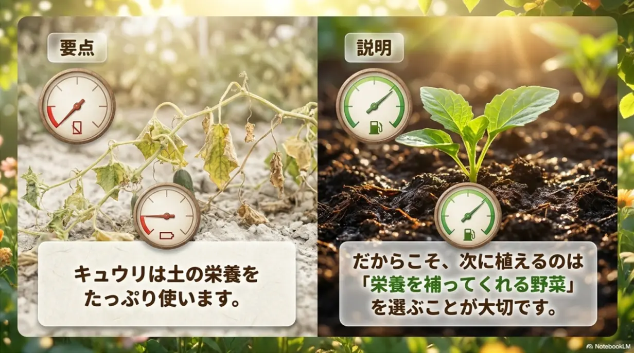 キュウリが土の栄養をたっぷり使った後には、栄養を補ってくれる野菜を選ぶことが大切であるという説明
