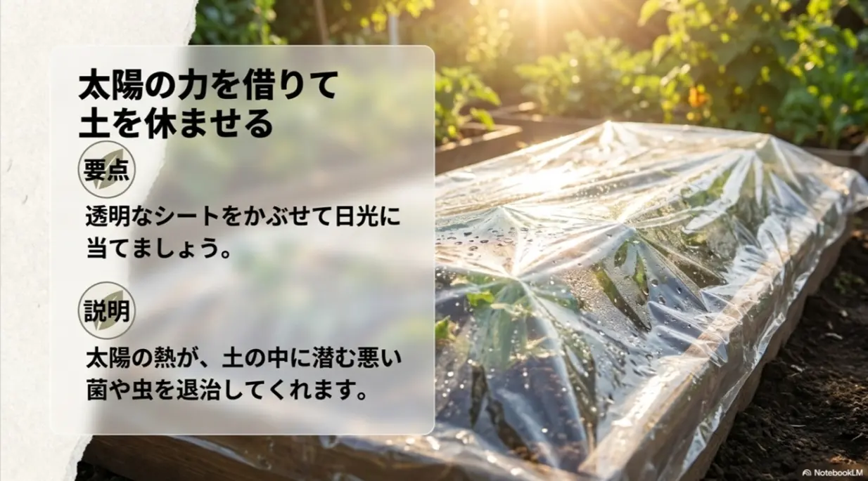 透明なシートをかぶせて日光に当て、太陽の熱で土の中に潜む菌や虫を退治する太陽熱消毒のイメージ
