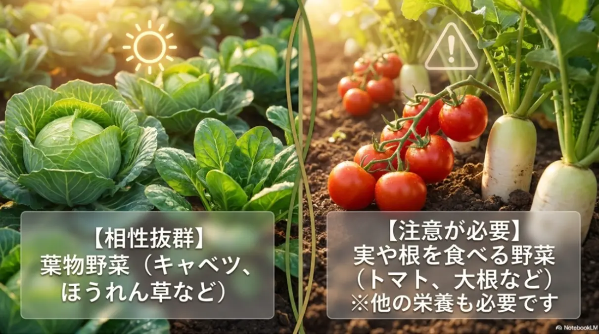 油かすはキャベツなどの葉物野菜と相性抜群でトマトなどの実や根を食べる野菜には注意が必要