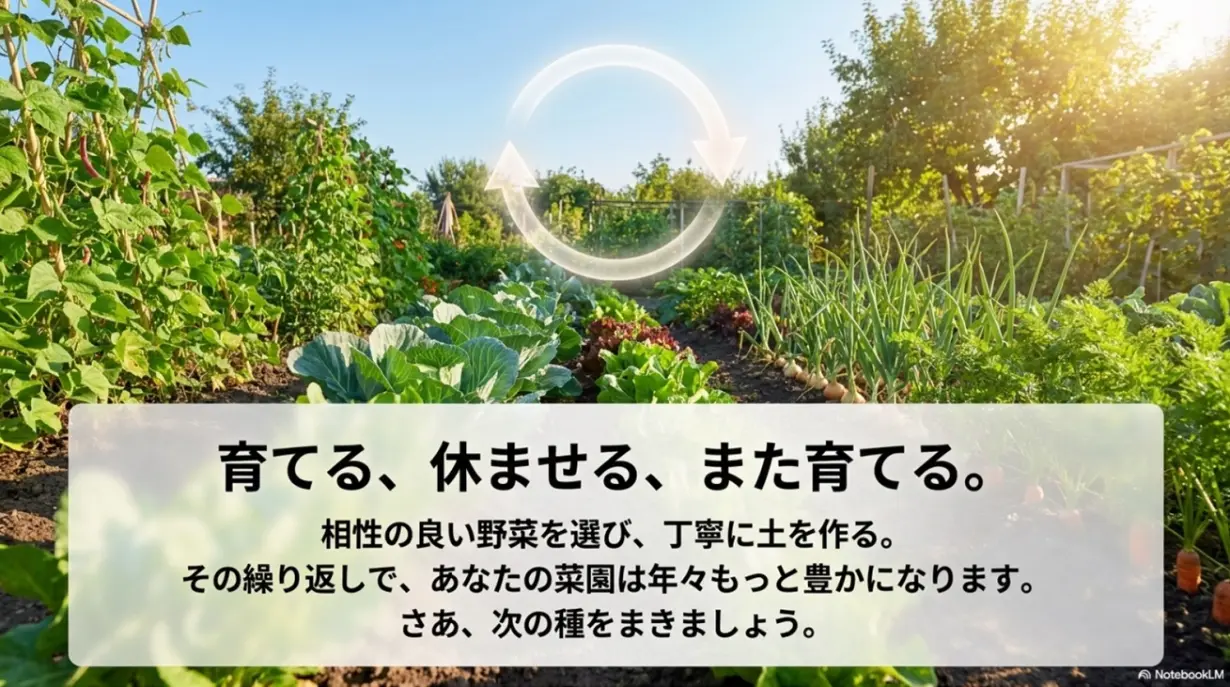 相性の良い野菜を選び丁寧に土を作ることで菜園が豊かになるというまとめのメッセージ