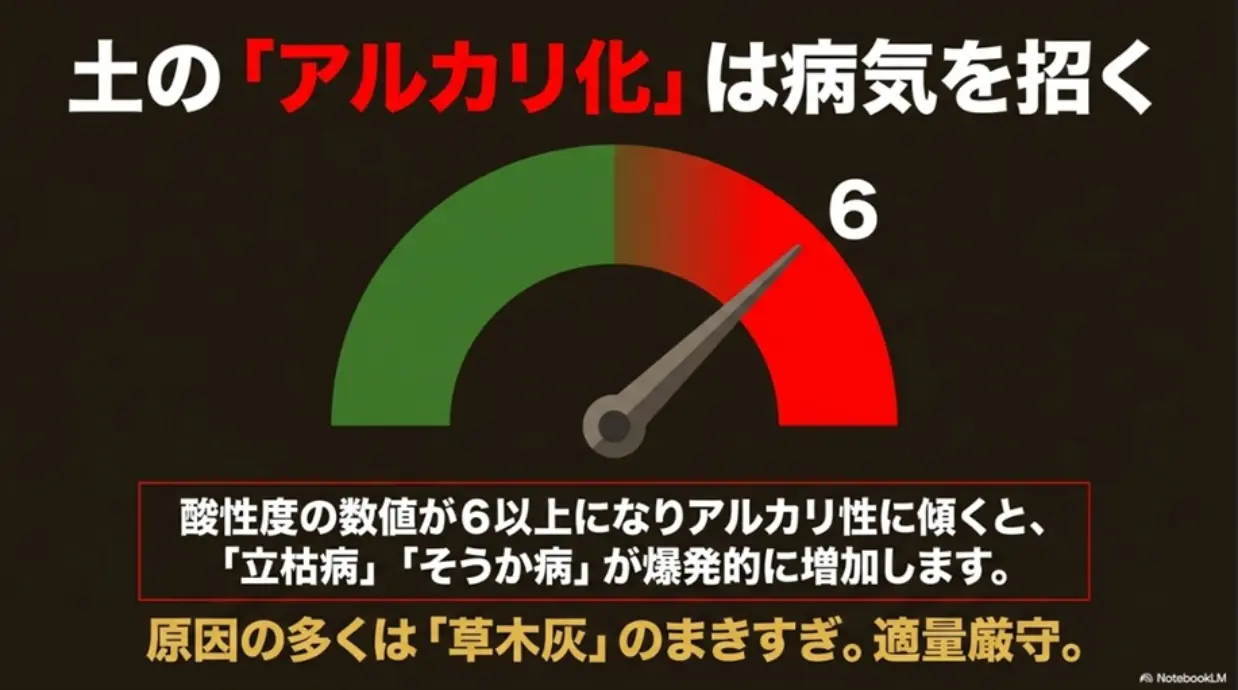 土のアルカリ化と病気リスクの関係図解