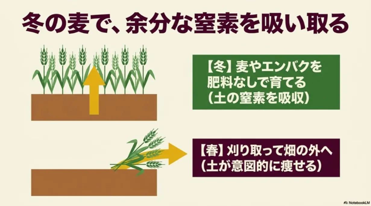 冬の麦を利用した窒素除去法の図解