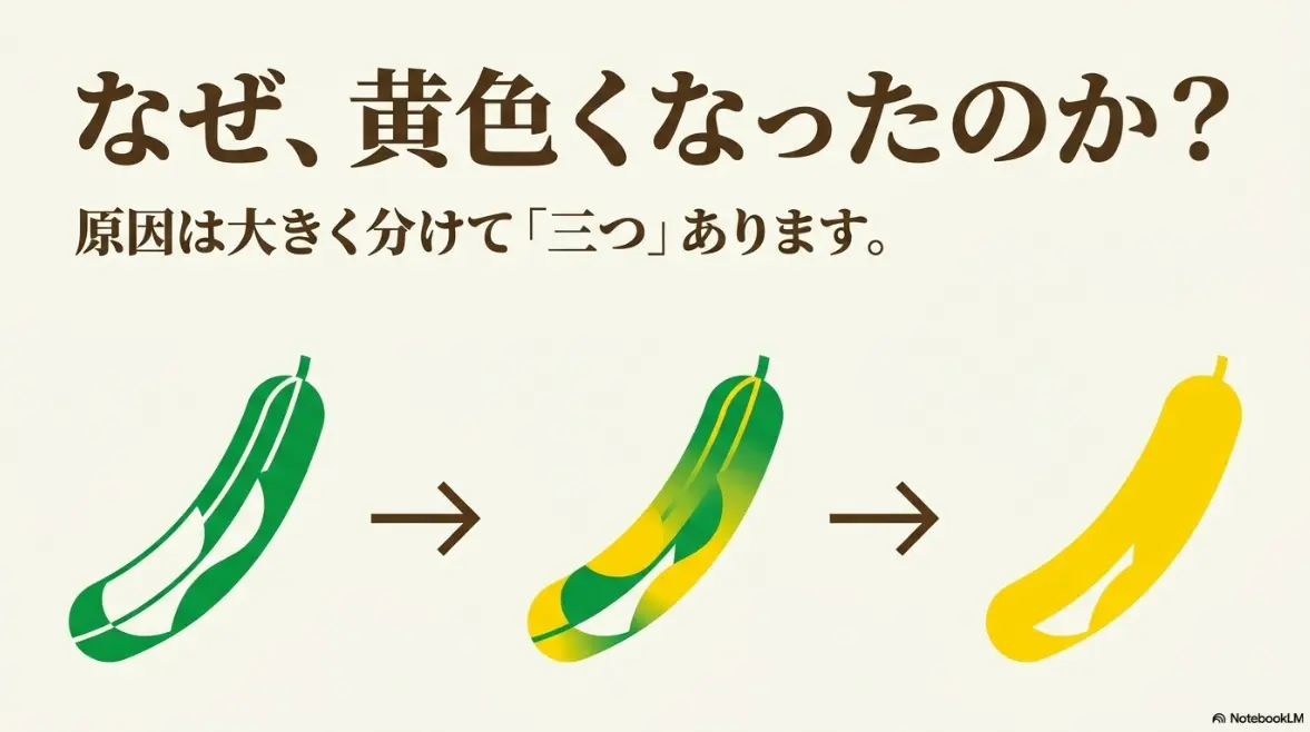 キュウリが緑色から黄色へ変化するイラスト