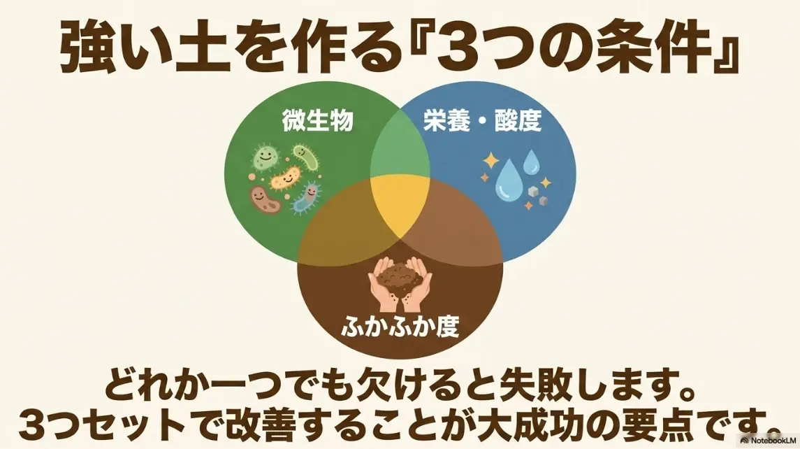 強い土を作る3つの条件：微生物、栄養と酸度、ふかふか度。3つセットの改善が重要