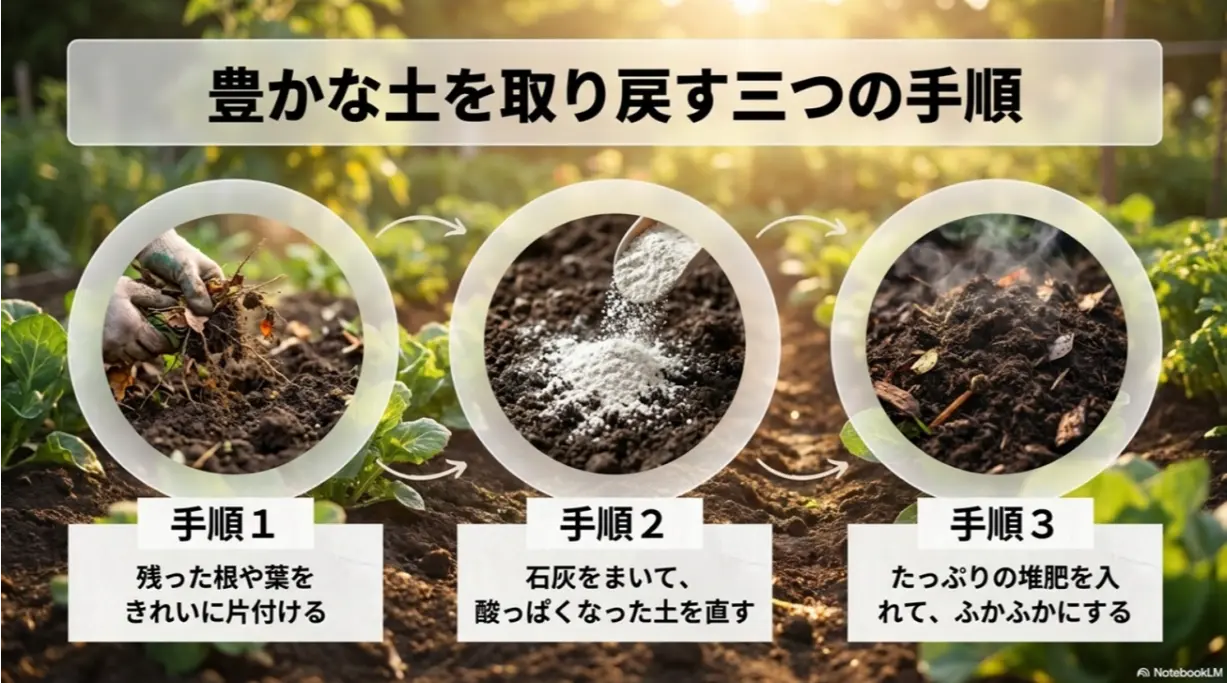 残った根や葉の片付け、石灰での酸度調整、堆肥でのふかふか化という土作りの3つの手順
