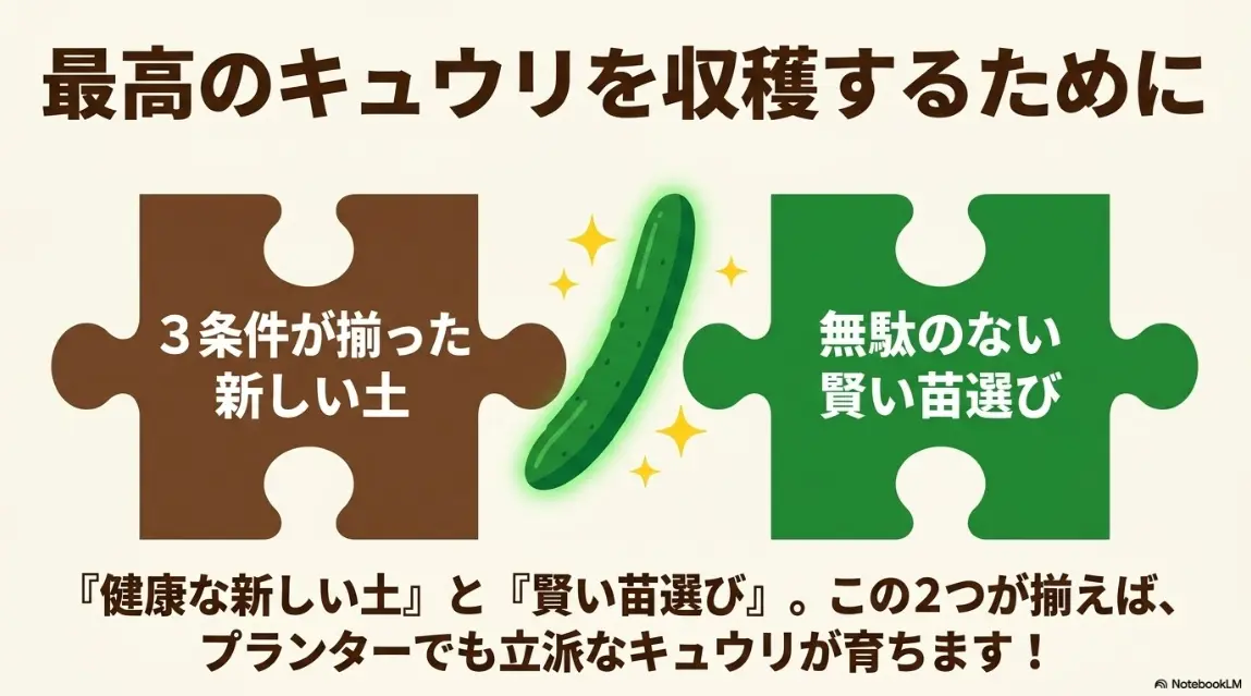 最高のキュウリを収穫するために、3条件が揃った新しい土と賢い苗選びが重要