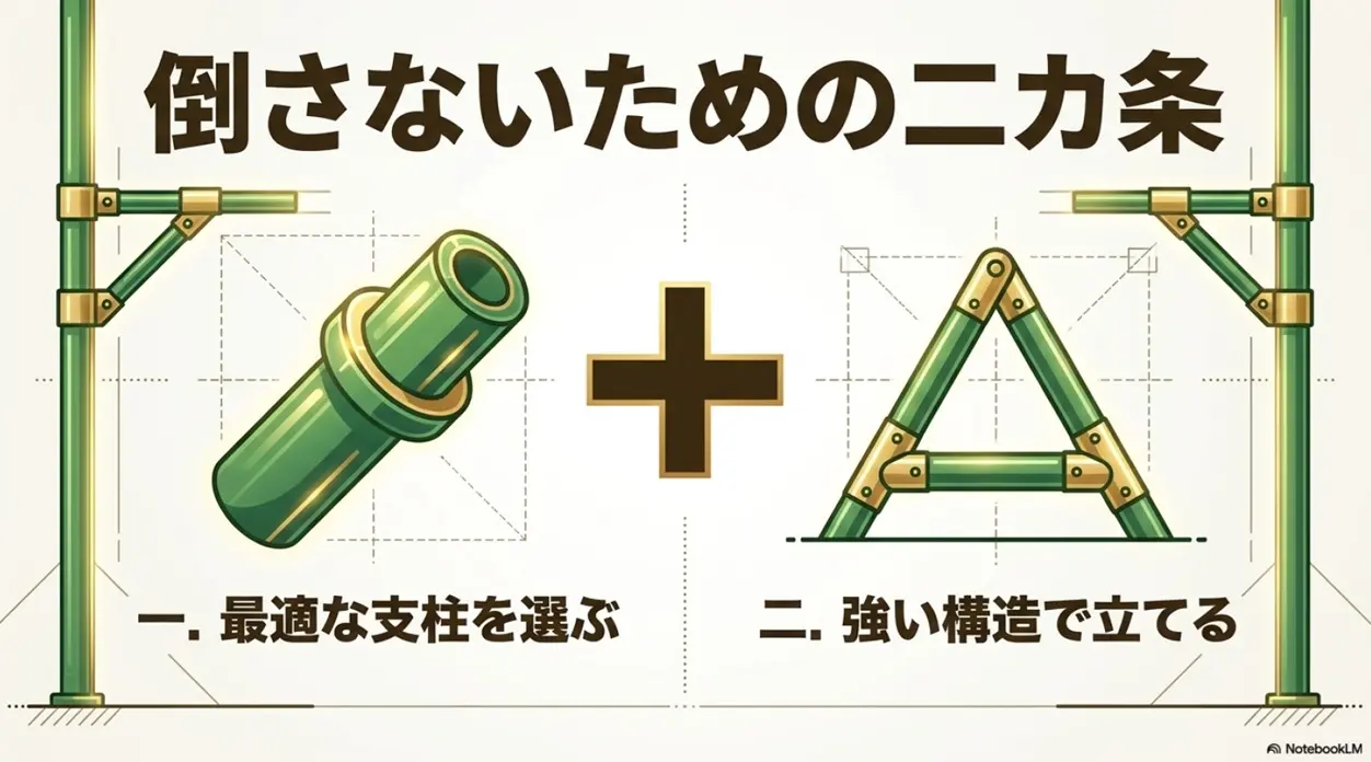 倒さないためのニカ条（1.最適な支柱を選ぶ、2.強い構造で立てる）