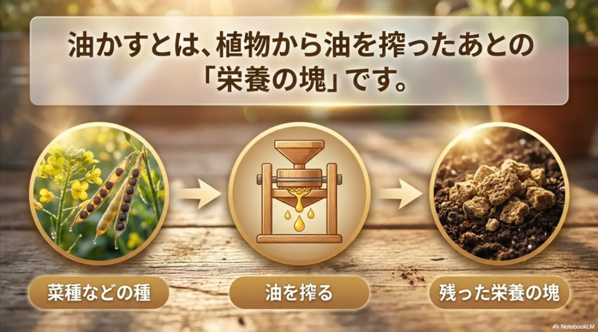 油かすとは菜種などの植物から油を搾ったあとの残った栄養の塊