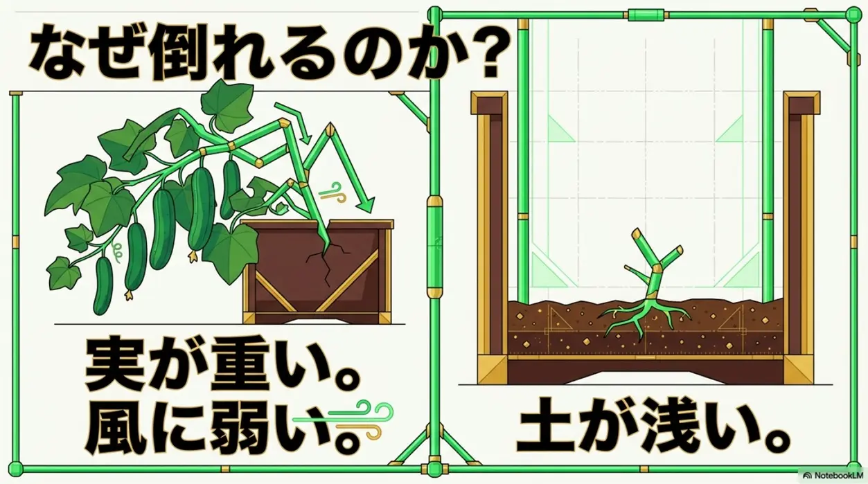 キュウリのプランターが倒れる原因（実が重い、風に弱い、土が浅い）