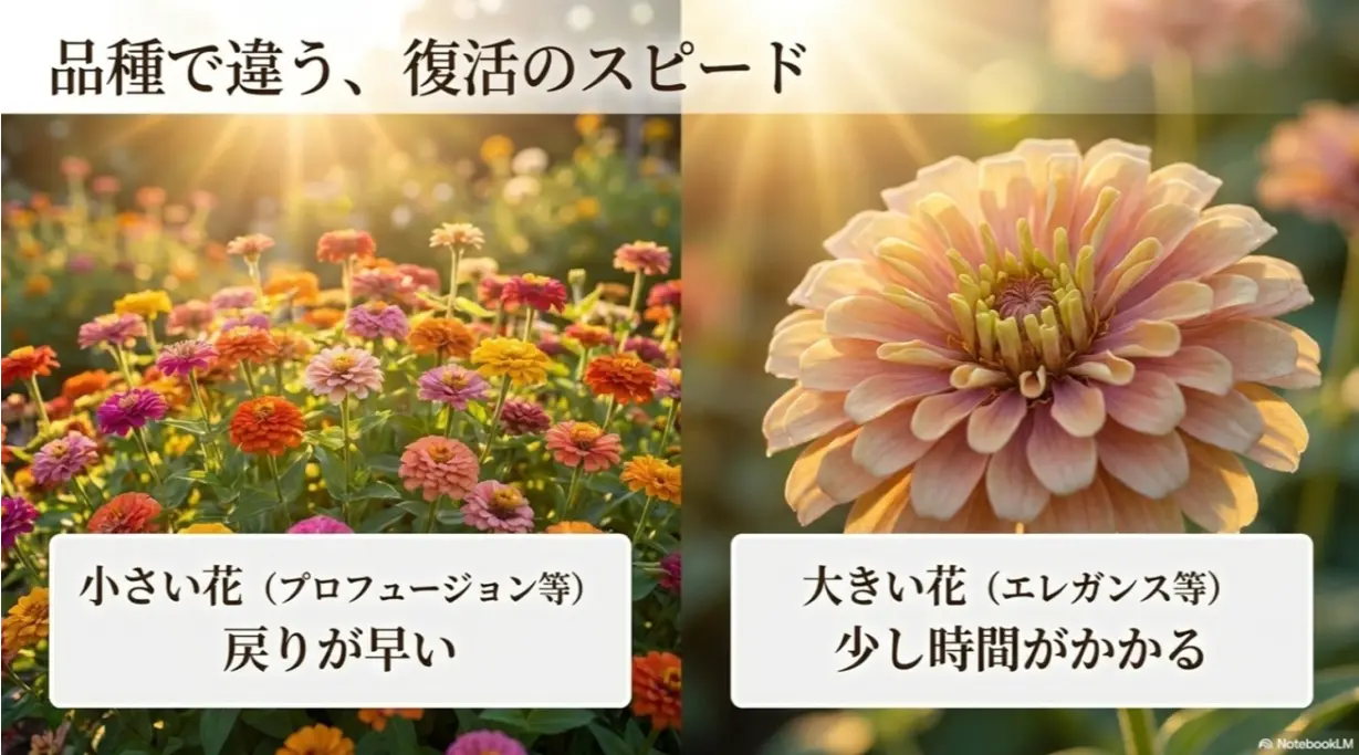 品種で違うジニアの復活スピード（小輪は早く、大輪は遅い）