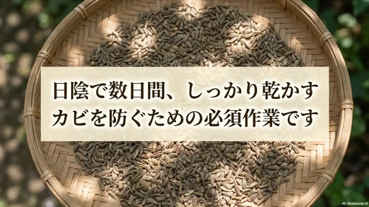 日陰で数日間、しっかり乾かす カビを防ぐための必須作業です