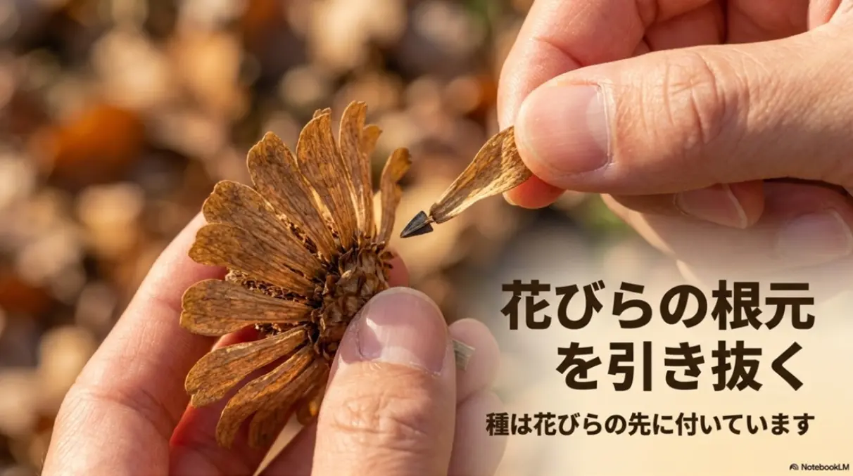 花びらの根元を引き抜く 種は花びらの先に付いています
