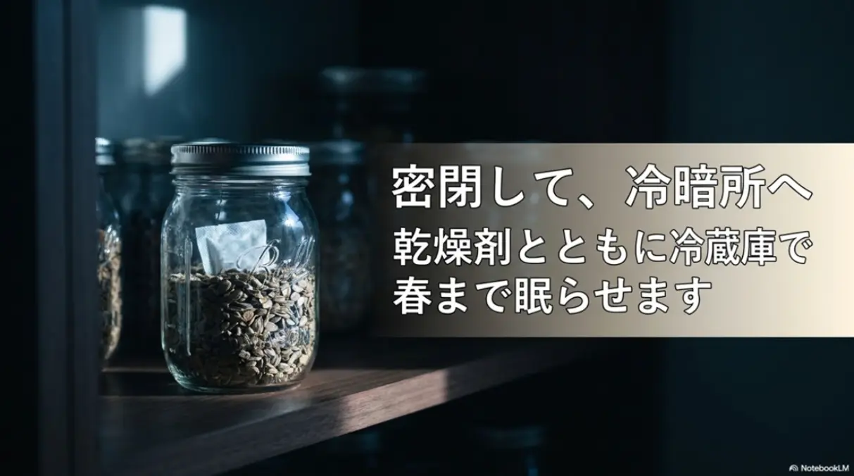 密閉して冷暗所へ 乾燥剤とともに冷蔵庫で春まで眠らせます