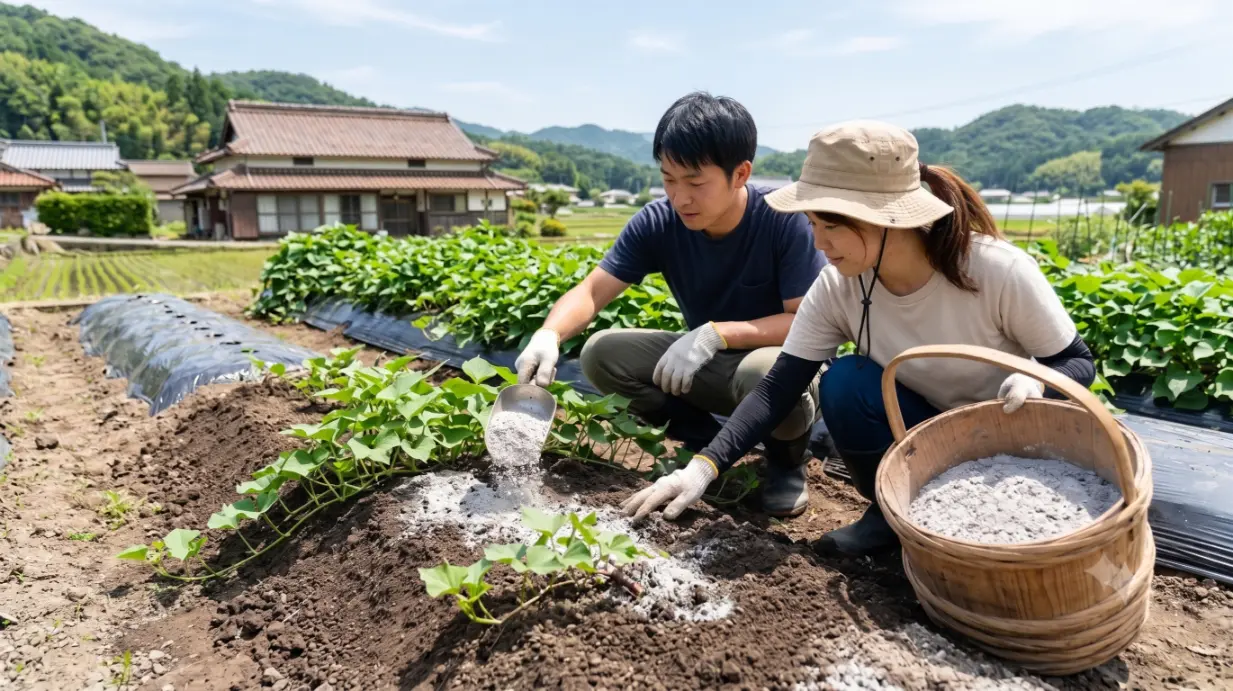 日本人の若い男女が、晴れた日のサツマイモ畑で、つるぼけを防ぐためにカリウム豊富な草木灰を株元に適切に施している作業風景を捉えた写真。