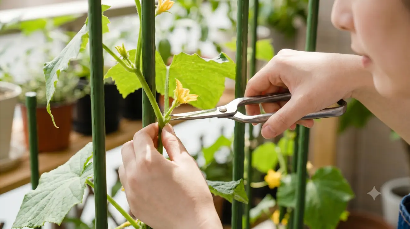 成長したキュウリの株（太さ16mmの支柱使用）の葉の付け根から、小さなわき芽を指先で丁寧に摘み取る日本人の若い女性の、清潔感のある手のアップ。