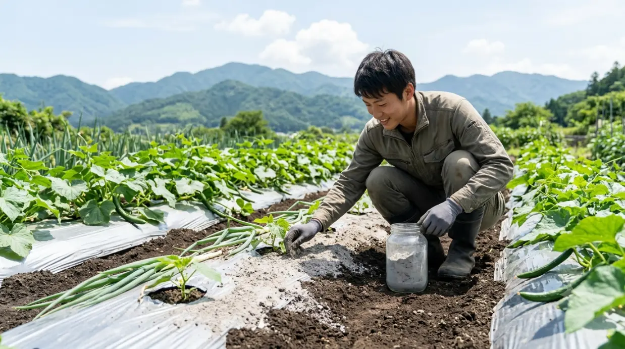 地這いキュウリの株元に、シルバーマルチを敷き、コンパニオンプランツとして長ネギ（ネギ）を混植している様子。ウリハムシや土壌病害を自然な方法で防ぐ対策を示す