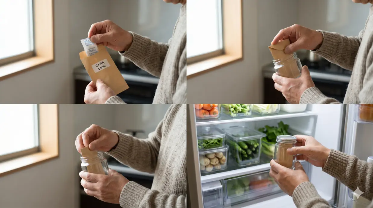 乾燥したオクラの種を入れた密封瓶を、男性の両手で冷蔵庫の野菜室に収納する様子。